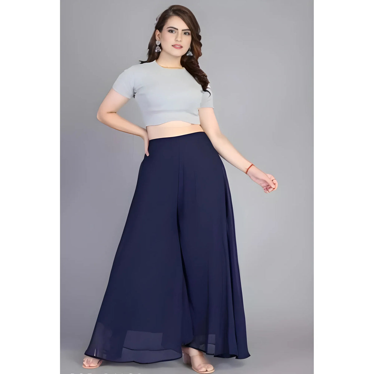 Women's Pack of 2 Georgette Solid High Rise Wide Leg Flared Palazzos with Elastic Waist (Navy Blue)