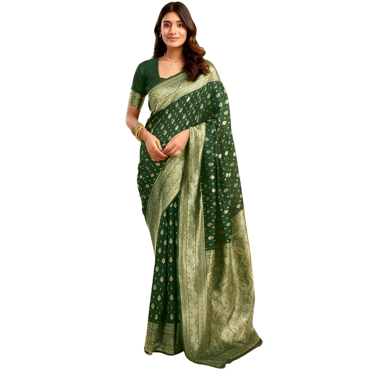 Women's Jacquard Printed Saree With Unstitched Blouse 5.5Mtr (Bottle Green)