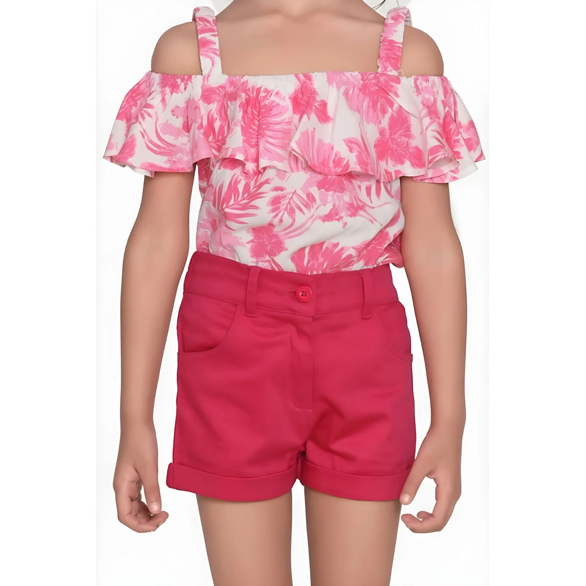 Girl's Cotton Floral Cold Shoulder Top And Shorts Set (pink Red) | Kids Signature Collection
