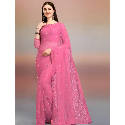 Women's Net Self Design Saree With Unstitched Blouse 5.5Mtr  (Dark Pink)