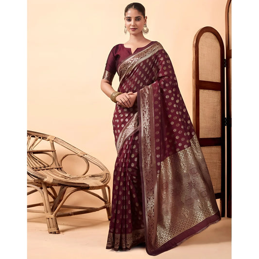 Women's Jacquard Printed Saree With Unstitched Blouse 5.5Mtr (Maroon)