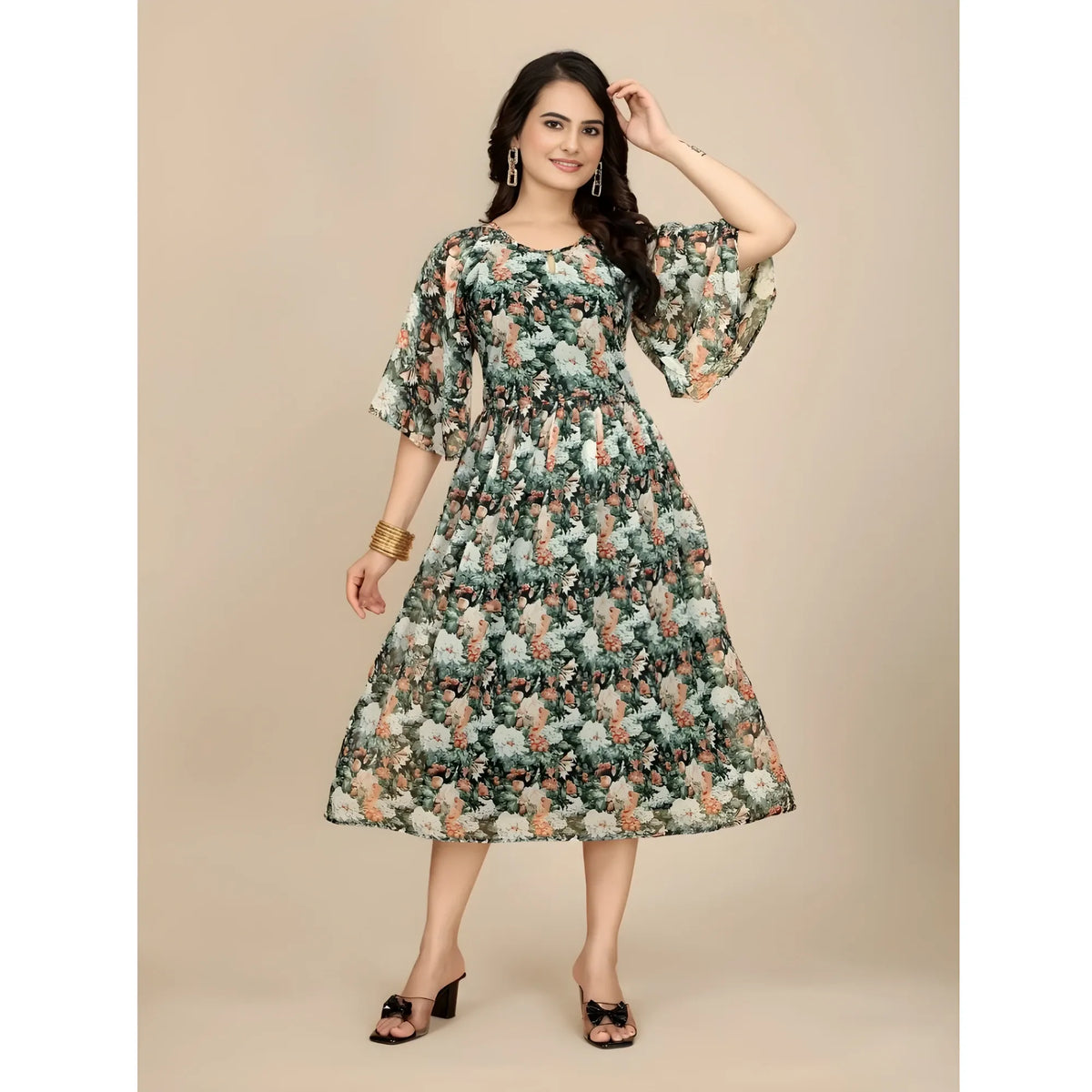 Women's Georgette Printed Round Neck Short Sleeve Dress (black) | Women Signature Collection