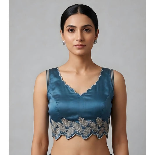 Women's Silk Embroidered Sweetheart Neck Sleeveless Readymade Padded Blouse (Blue, Size 38)