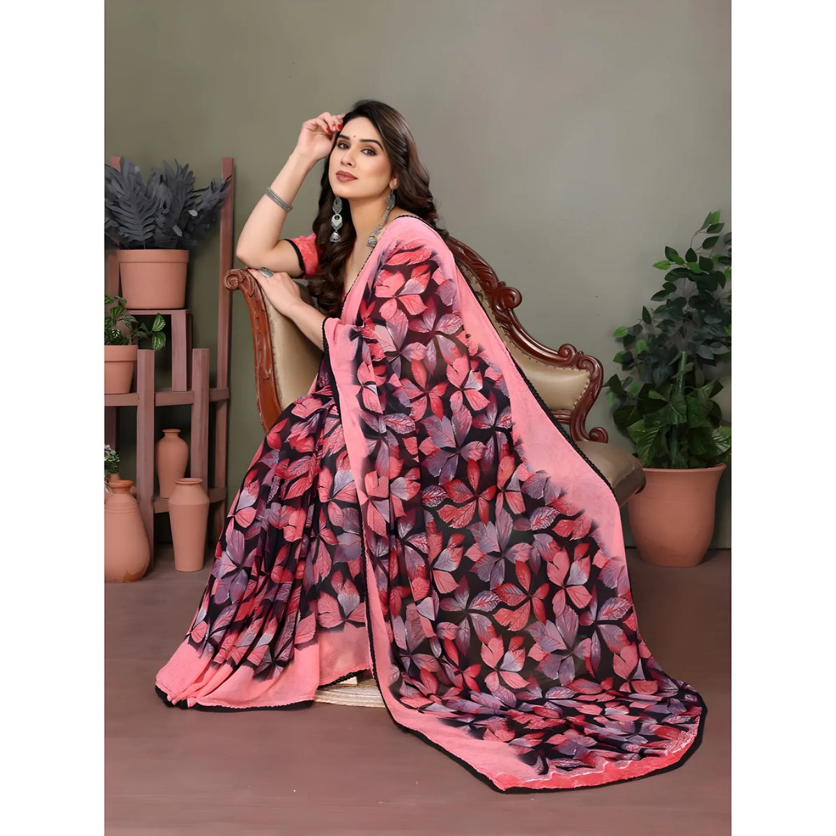 Women's Chiffon Printed Saree With Unstitched Blouse 5.5Mtr  (Pink)