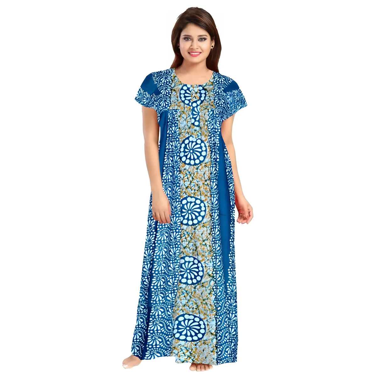 Women's Cotton Printed Maxi Nighty (Blue)