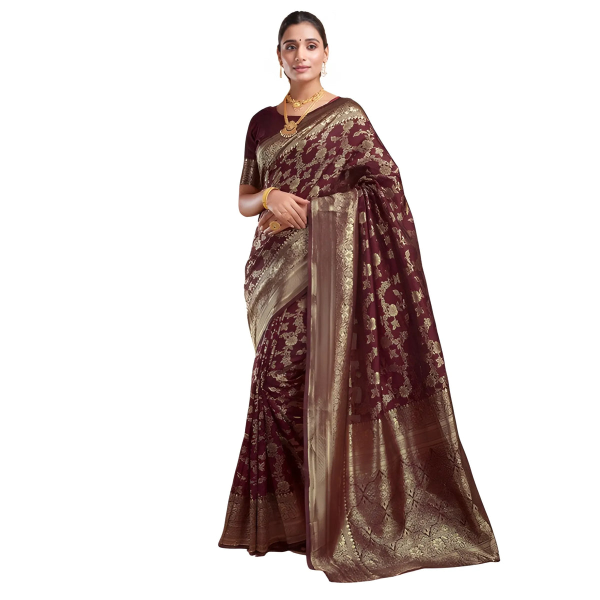 Women's Jacquard Printed Saree With Unstitched Blouse 5.5Mtr (Maroon)