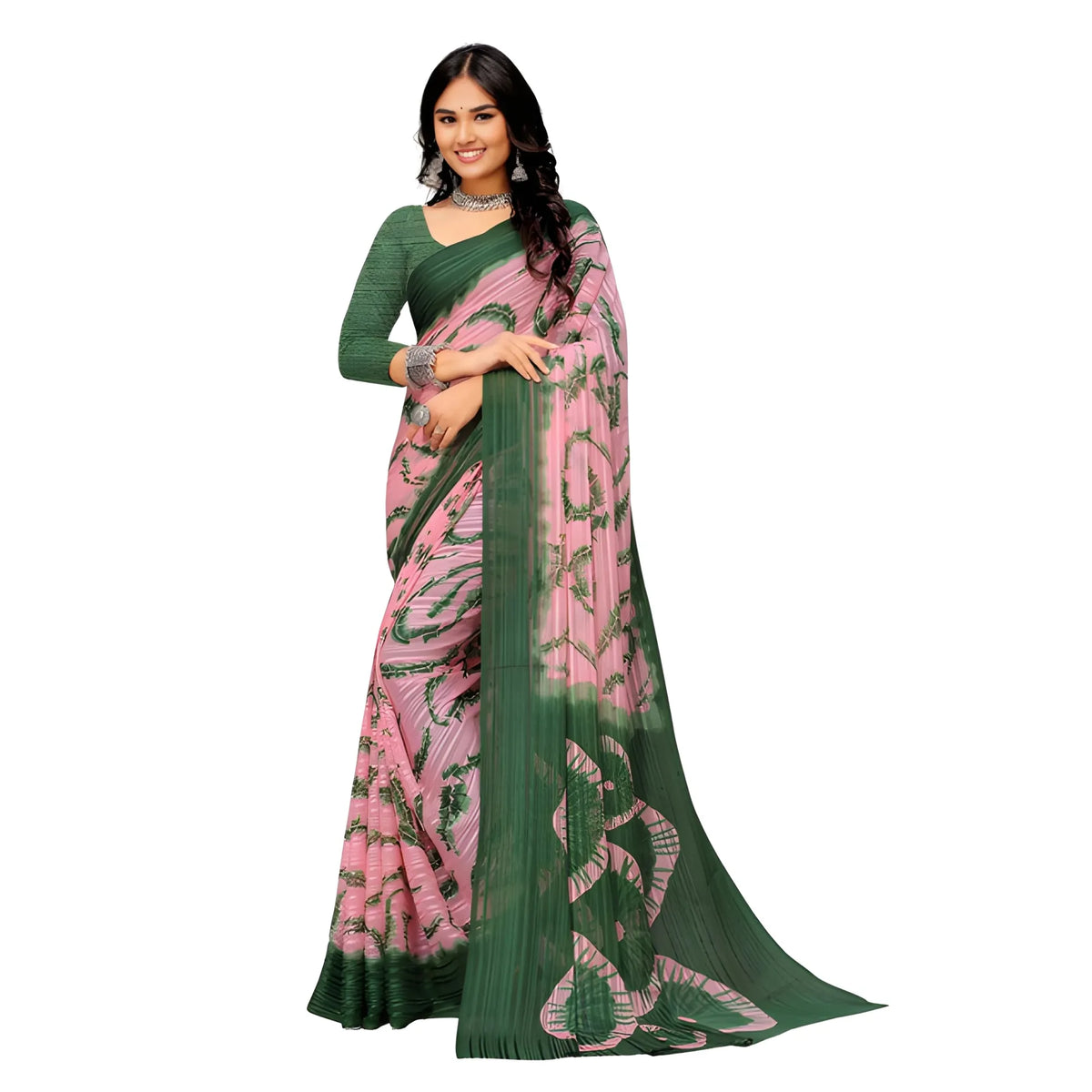 Women's Georgette Striped Printed Saree With Unstitched Blouse 5.5Mtr (Pink-Green)