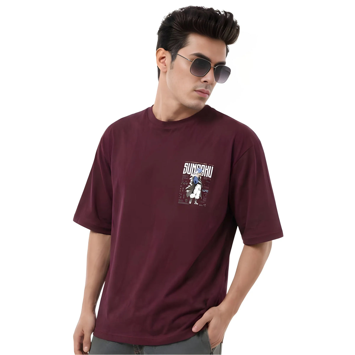 Men's Cotton Blend Printed Oversized Round Neck Half Sleeve T-Shirt (Wine)