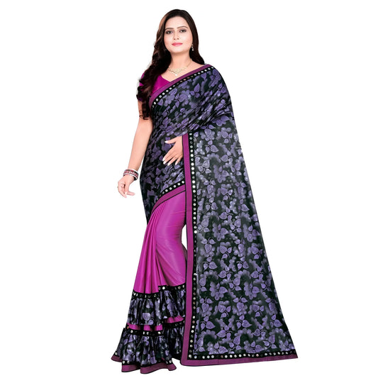 Women's Lycra Blend Saree with Blouse (Purple, 5-6 Mtrs)
