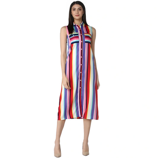 Women's Polyester Striped Sleeveless Calf Length Dress (multicolor) | Women Signature Collection