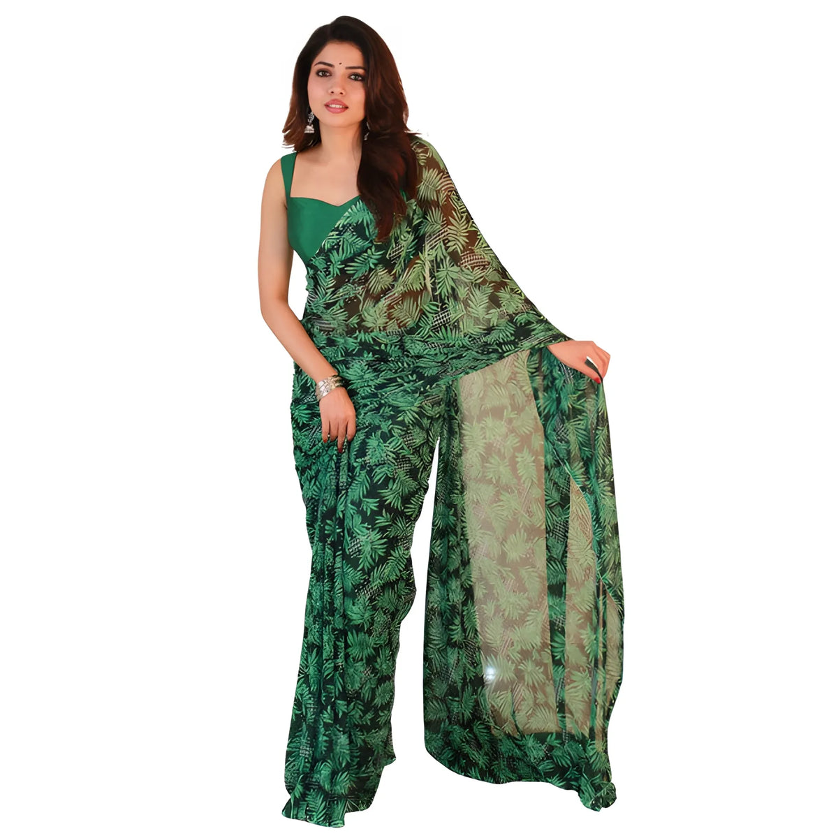 Women's Georgette Printed Saree With Unstitched Blouse 5.5Mtr (Black-Green)
