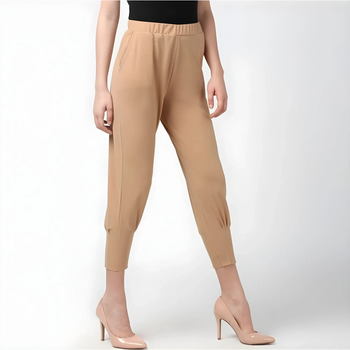Women's Polyester Solid Elasticated Trousers (beige) | Women Signature Collection