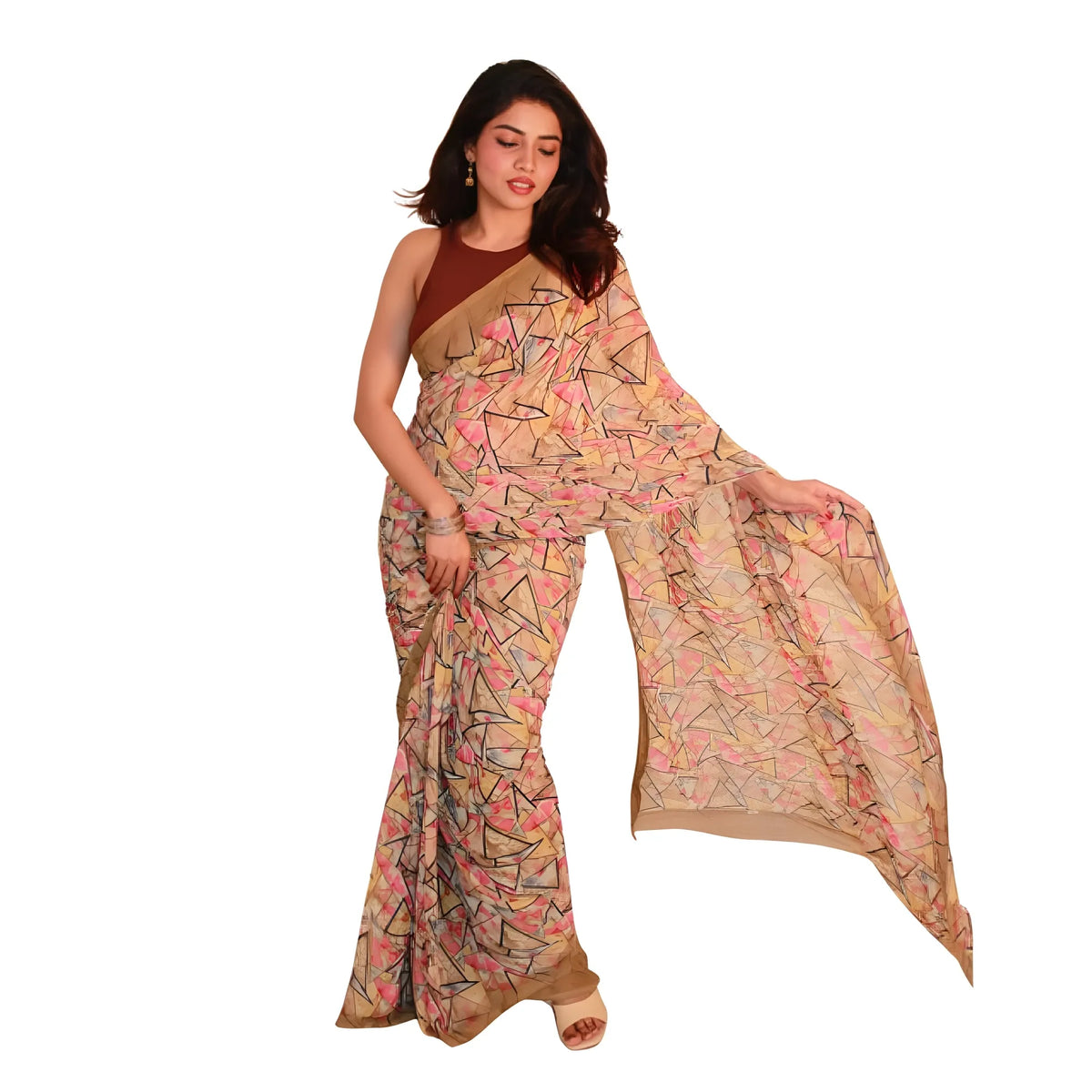 Women's Georgette Printed Saree With Unstitched Blouse 5.5Mtr (Brown)