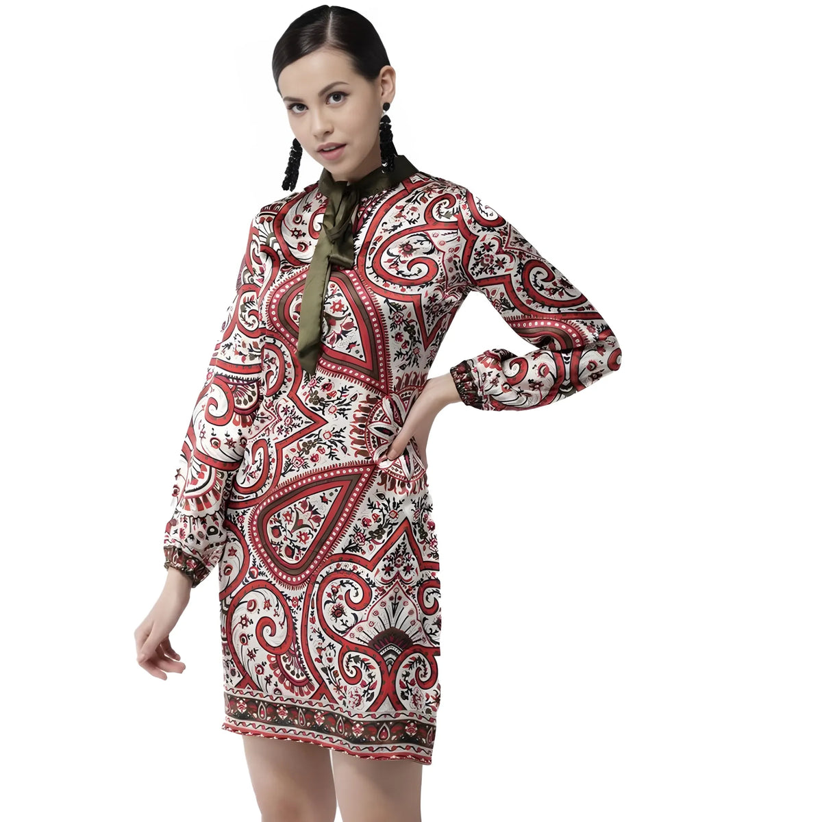 Women's Polyester Printed Long Sleeves Above Knee Dress (red) | Women Signature Collection