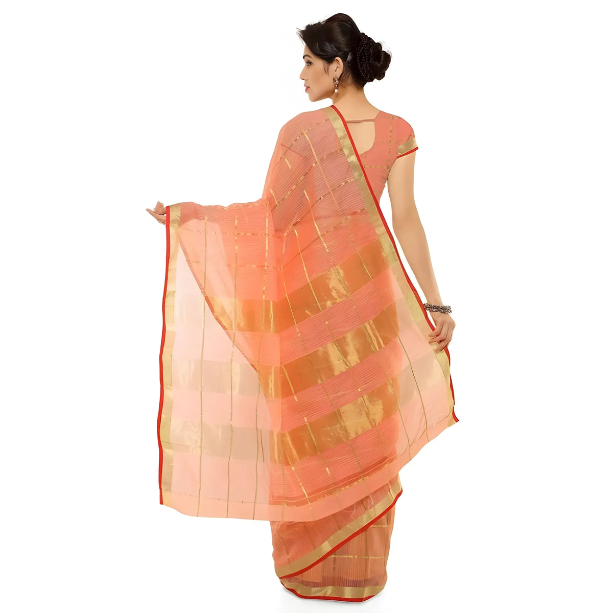 Women's Kota Doria Cotton Saree With Blouse (Peach,6-3 Mtrs)