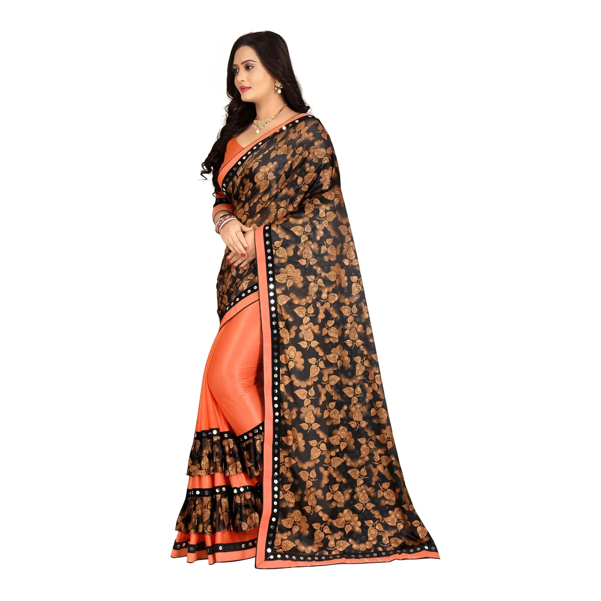 Women's Lycra Blend Saree with Blouse (Orange, 5-6 Mtrs)