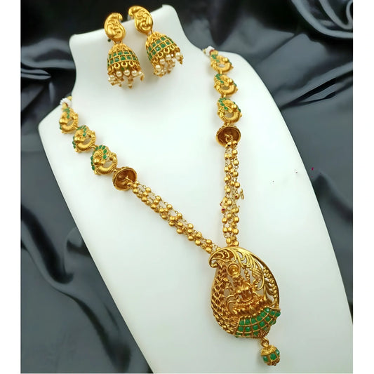 Women's Traditional Temple Necklace and Earrings Set in Gold (Green, Free Size)