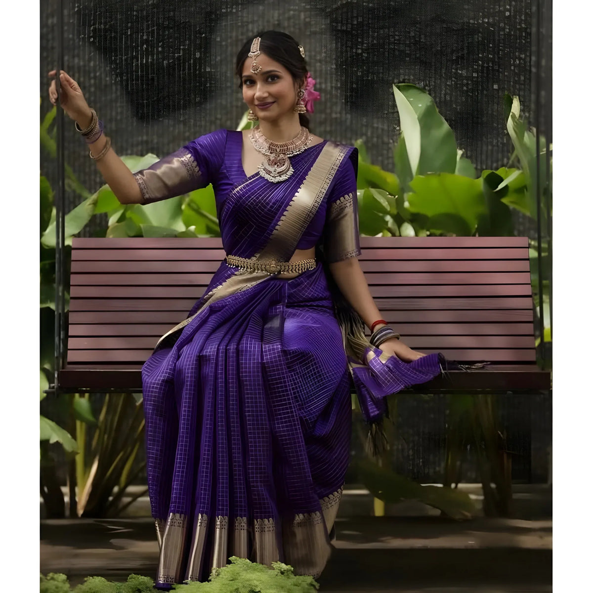 Women's Banarasi Silk Printed Saree With Unstitched Blouse 5.5Mtr (Purple)