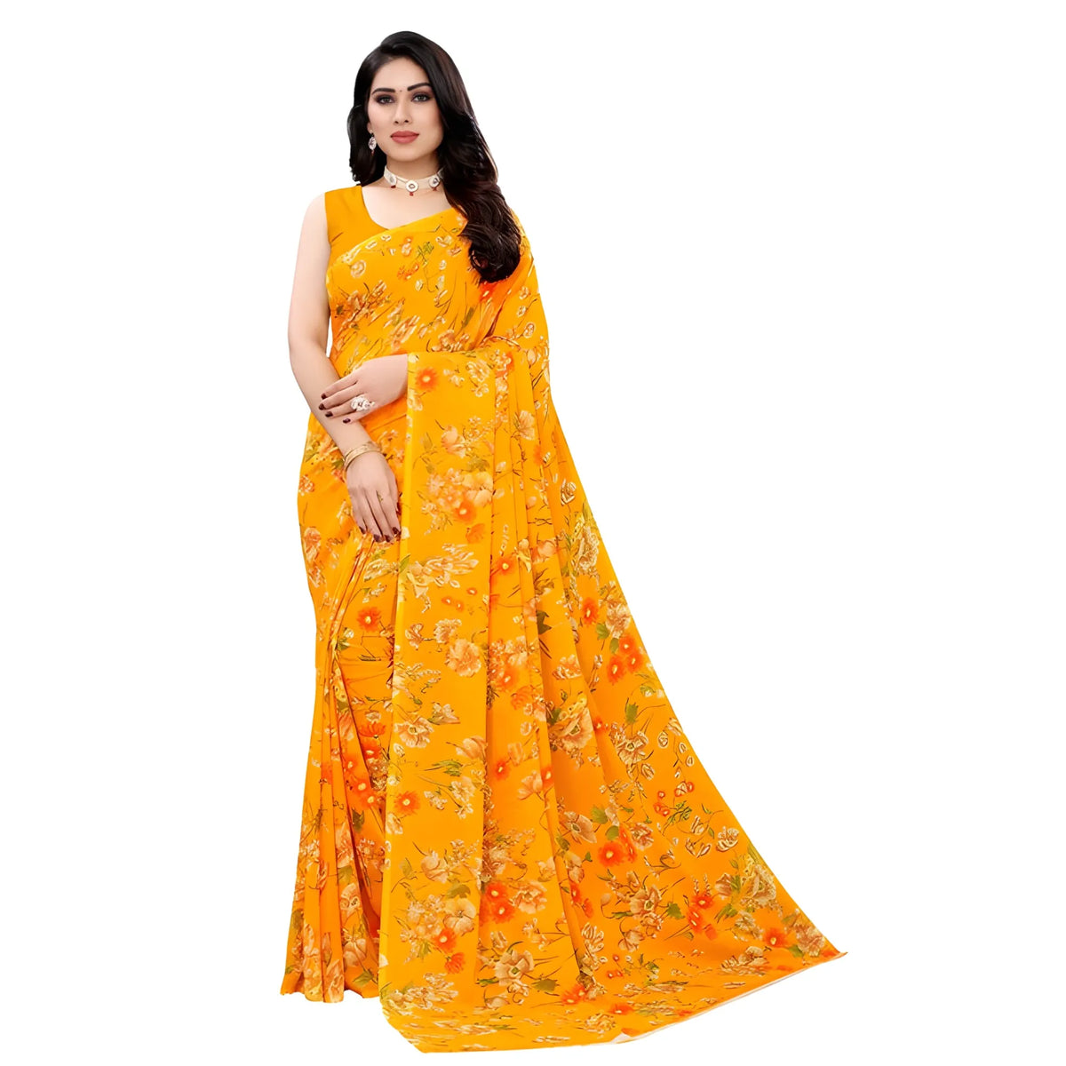 Women's Georgette Floral Printed Saree With Unstitched Blouse 5.5Mtr (Yellow)