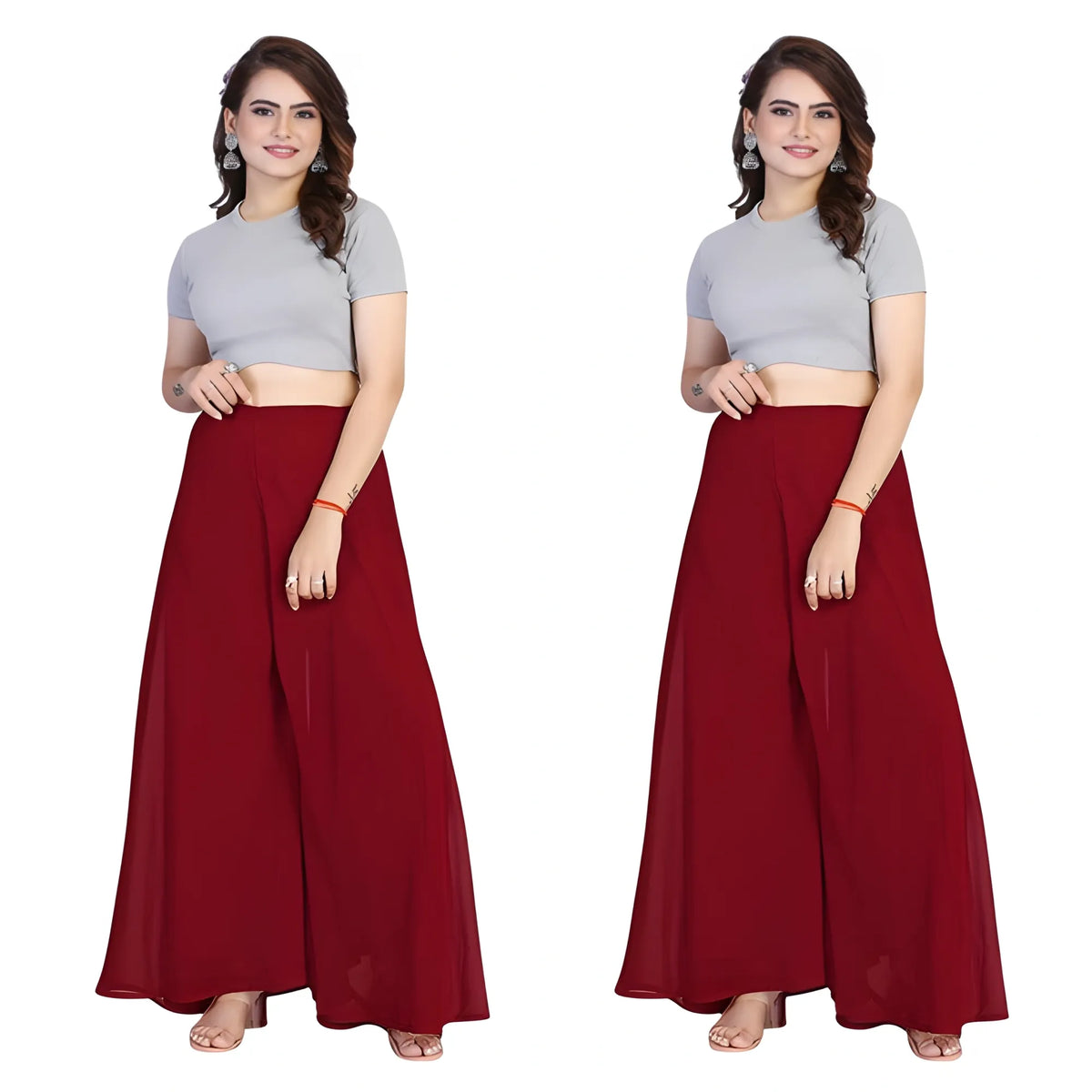 Women's Pack of 2 Georgette Solid High Rise Wide Leg Flared Palazzos with Elastic Waist (Maroon)