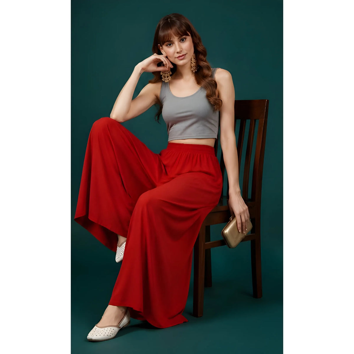 Women's Georgette Solid Mid-Rise Wide Leg Flared Palazzo with Elastic Waist (Red)