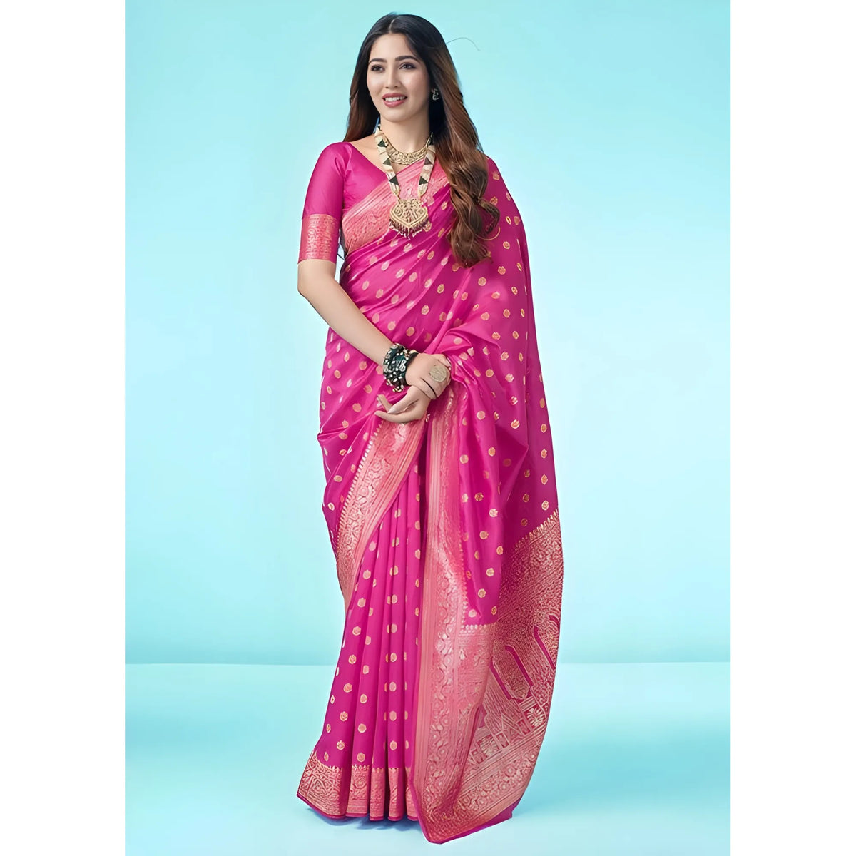 Women's Jacquard Printed Saree With Unstitched Blouse 5.5Mtr (Pink)