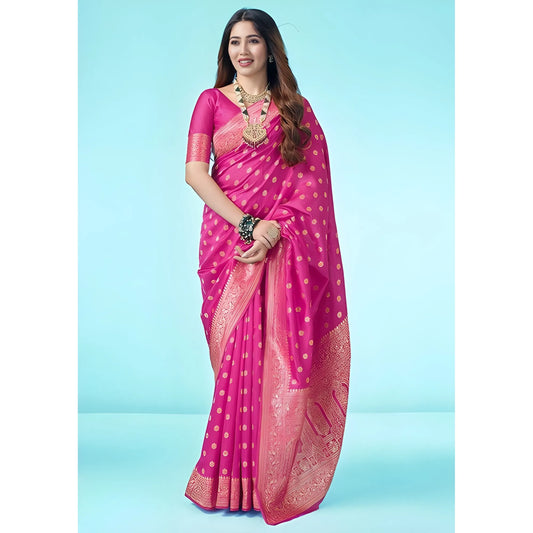 Women's Jacquard Printed Saree With Unstitched Blouse 5.5Mtr (Pink)