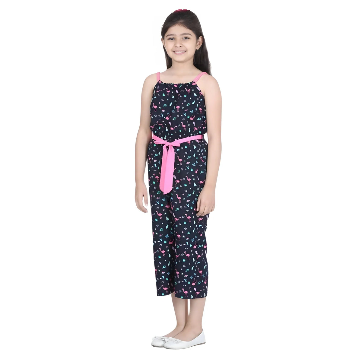 Girl's Rayon Flamingo Print Sleeveless Jumpsuit (black Pink) | Kids Signature Collection