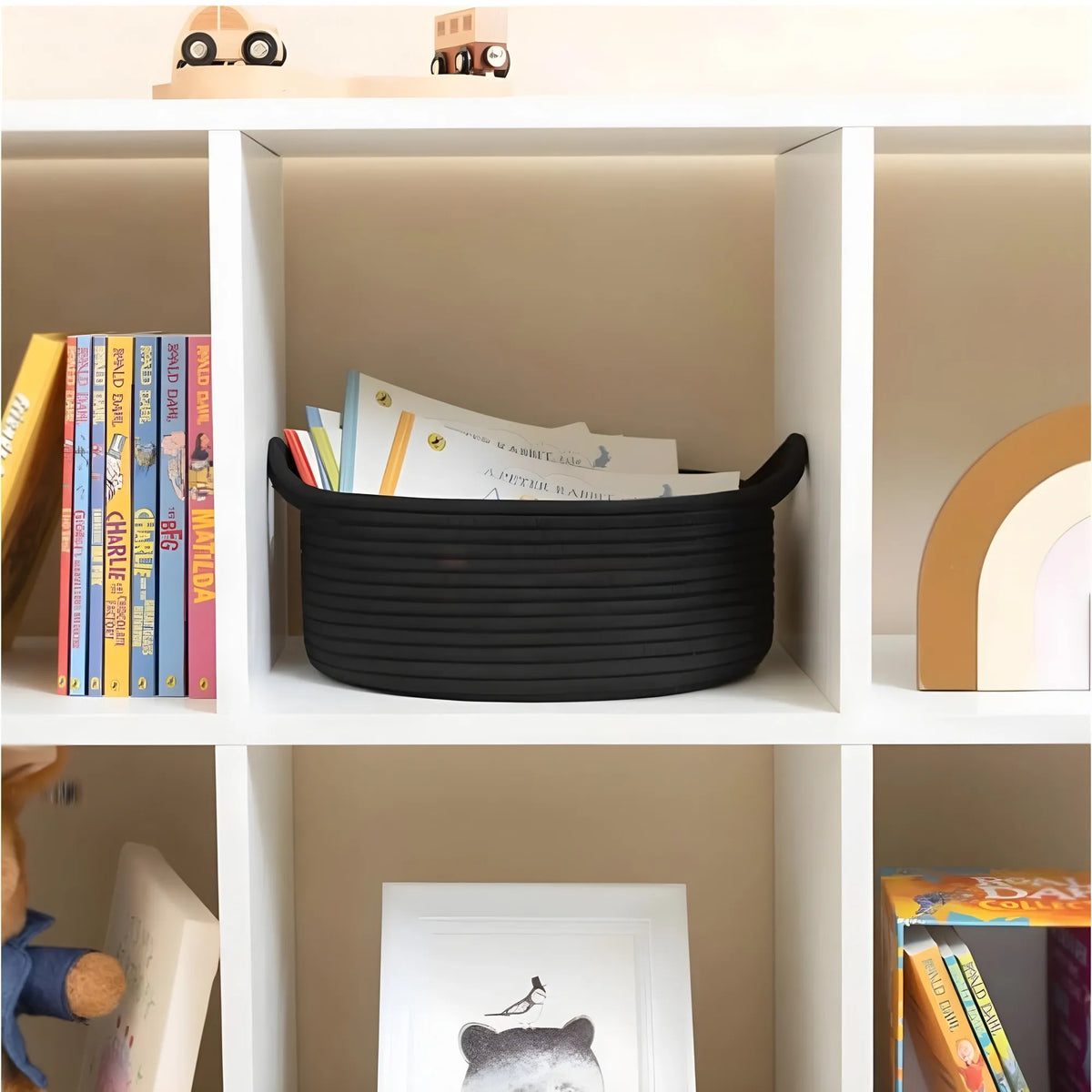 Cotton 8x3 Inch Round Bedside Organizer With Out Lid (Black)