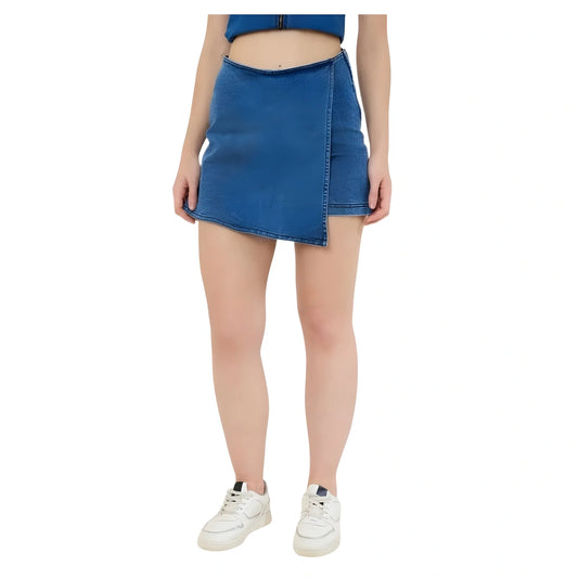 Women's Denim Lycra Solid Zip Closure Skorts (blue) | Women Signature Collection
