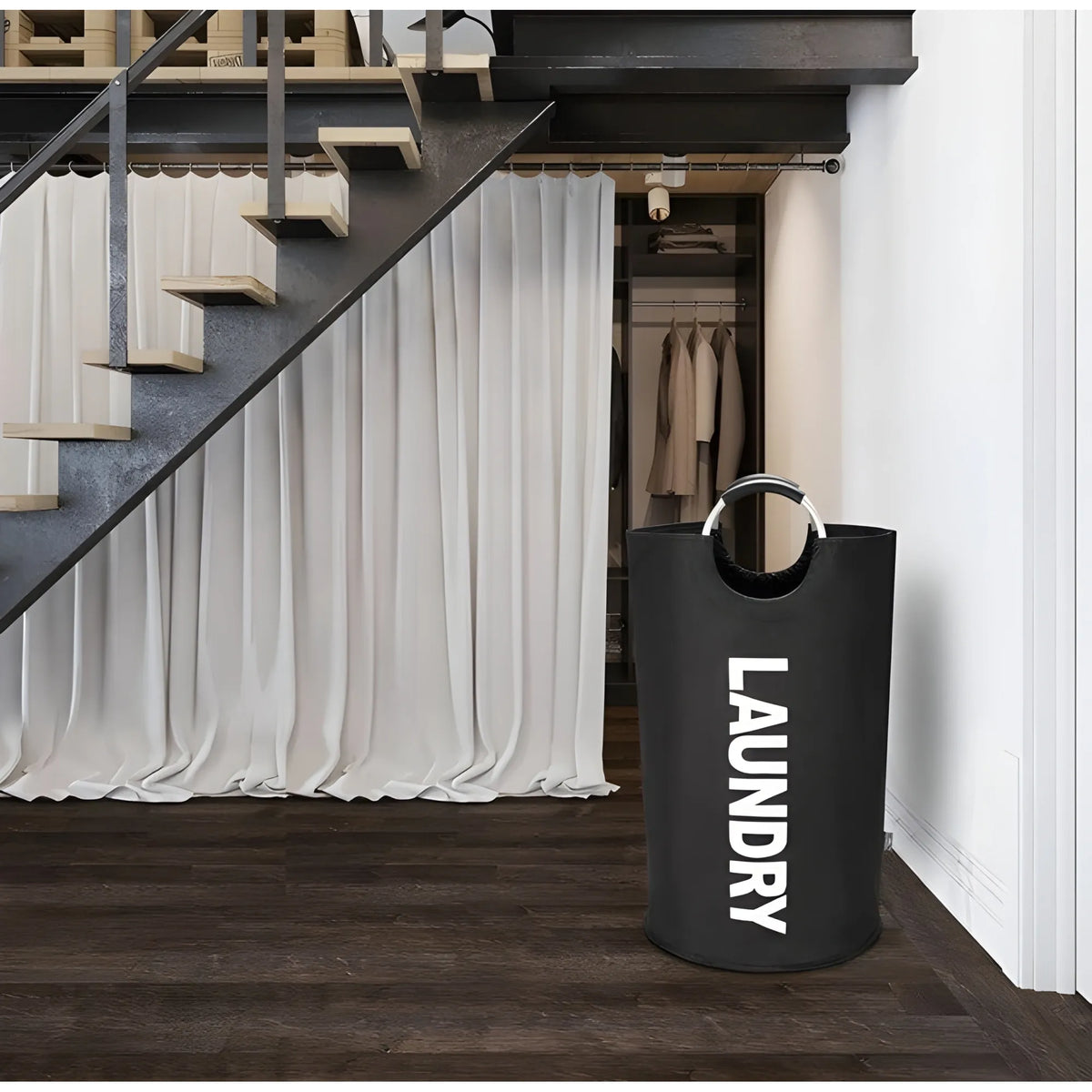 Polyester 90 L Laundry Basket for Clothes Storage Bag (Black)