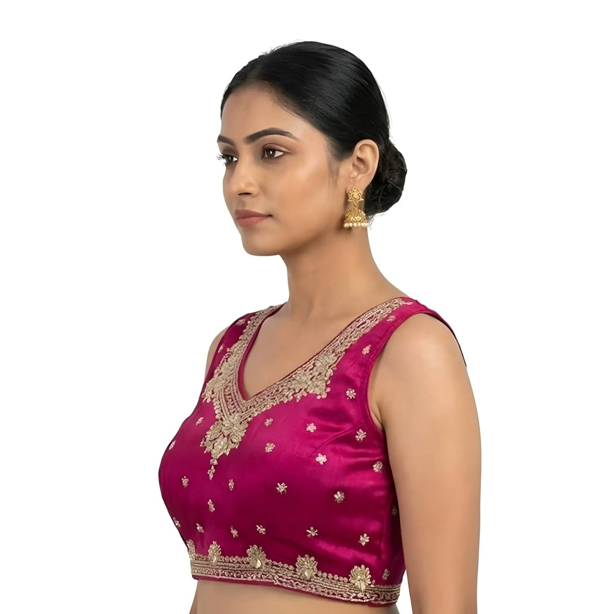 Women's Silk Embroidered V-Neck Sleeveless Readymade Padded Blouse (Pink, Size 38)