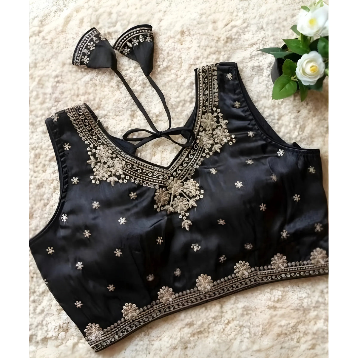 Women's Silk Embroidered V-Neck Sleeveless Readymade Padded Blouse (Black, Size 38)