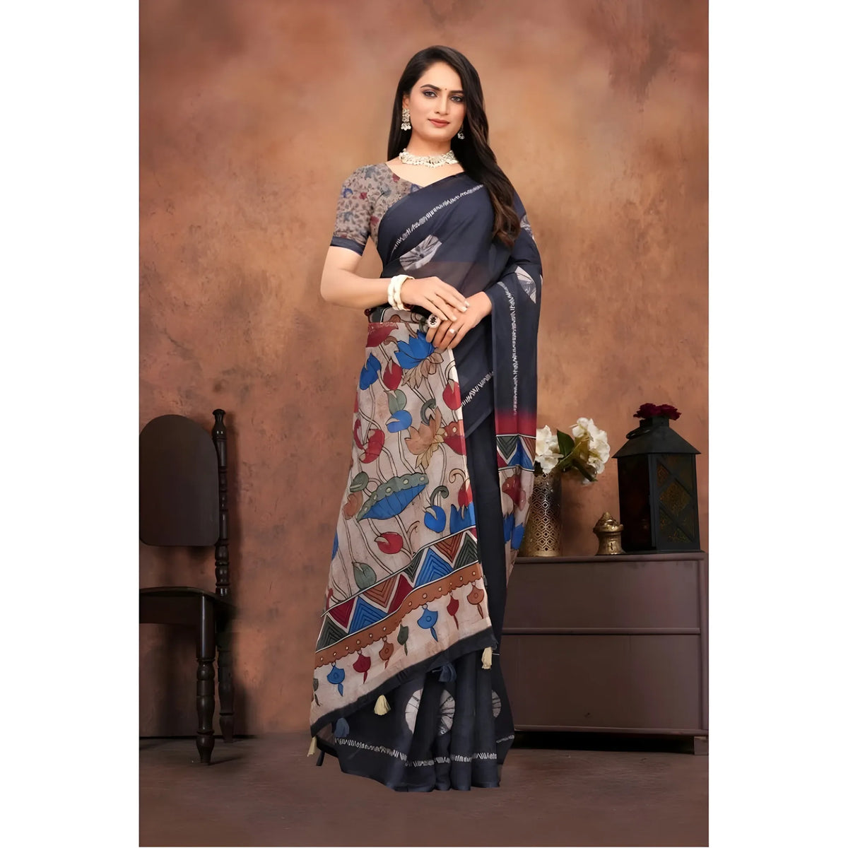 Women's Linen Printed Saree With Unstitched Blouse 5.5Mtr (Black)
