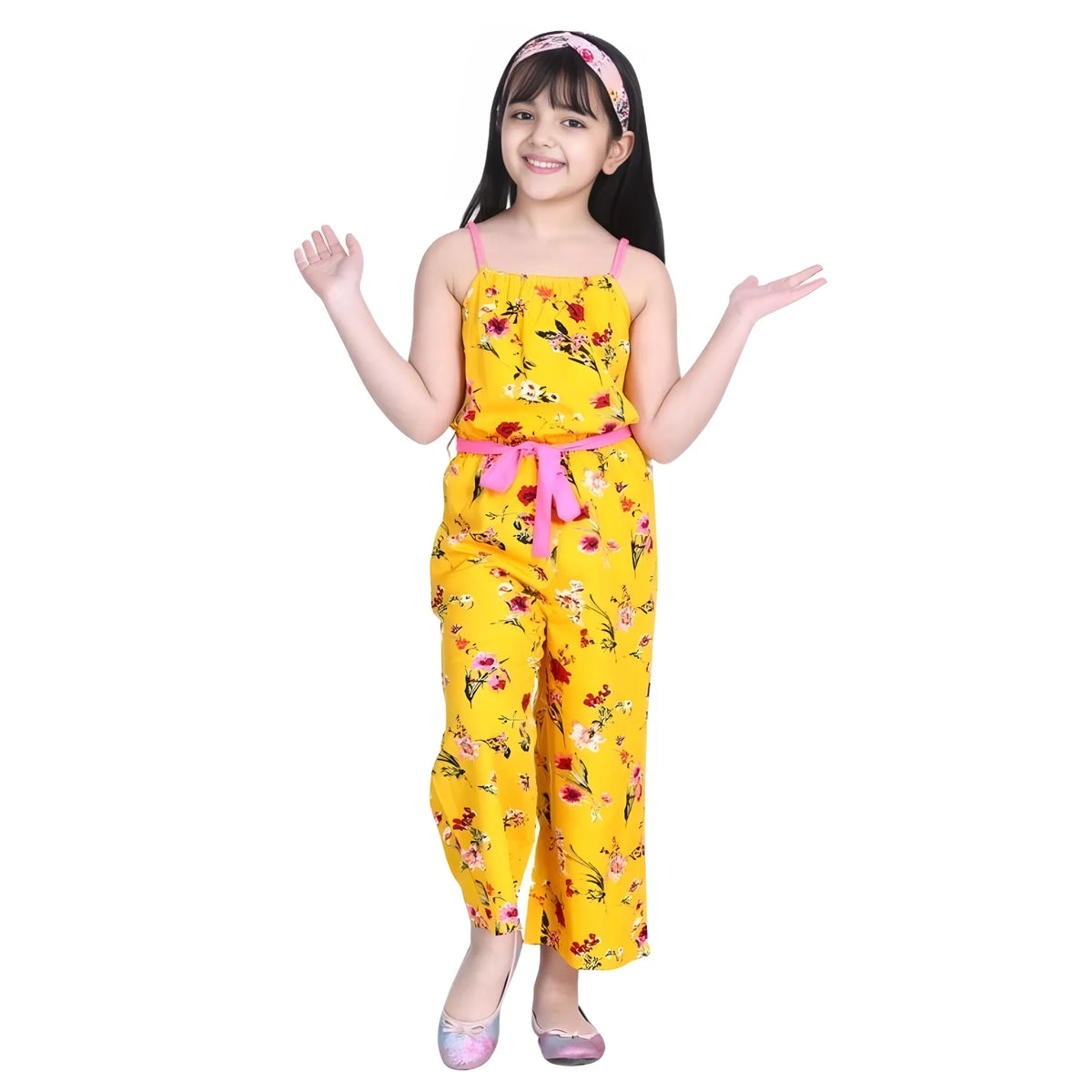 Girl's Polyester Crepe Floral Shoulder Straps Jumpsuit (yellow Pink) | Kids Signature Collection