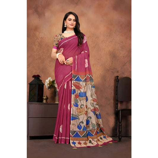 Women's Linen Printed Saree With Unstitched Blouse 5.5Mtr (Purple)
