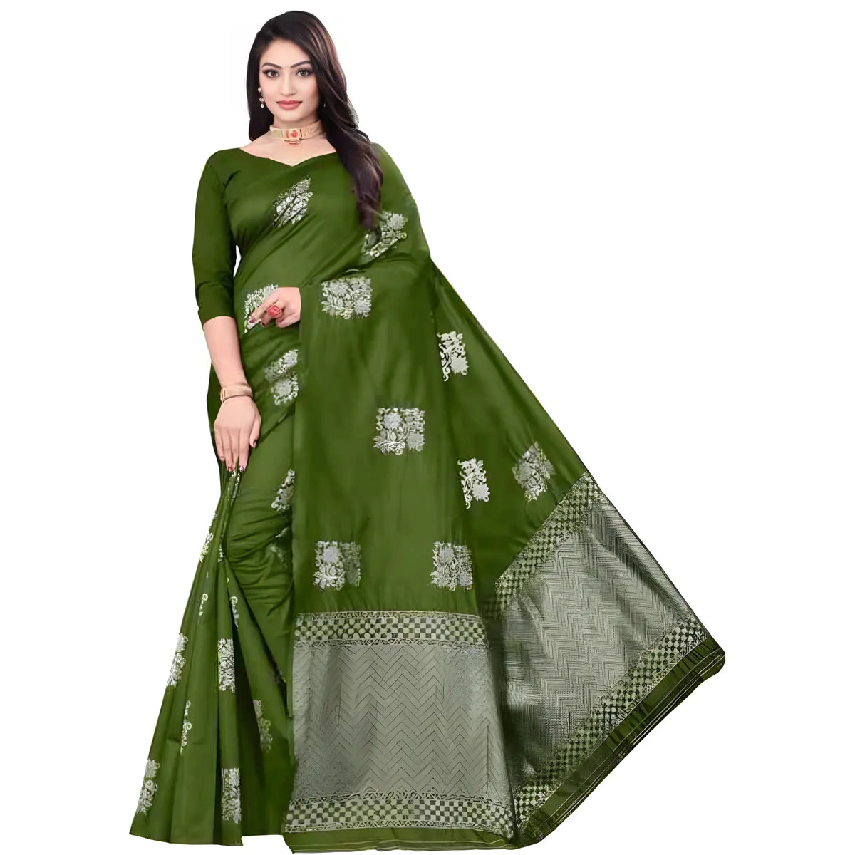 Women's Soft Lichi Silk Printed Saree With Unstitched Blouse 5.5Mtr (Green)