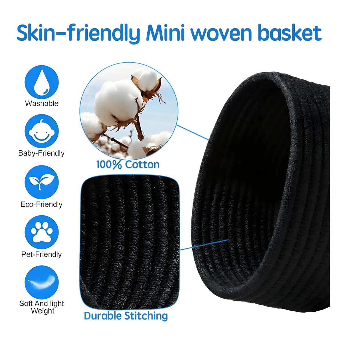Cotton 8x3 Inch Round 3 Set Bedside Organizer With Out Lid (Black)