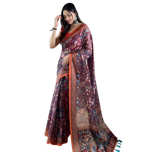 Women's Linen Printed Saree With Unstitched Blouse 5.5Mtr  (Brown)