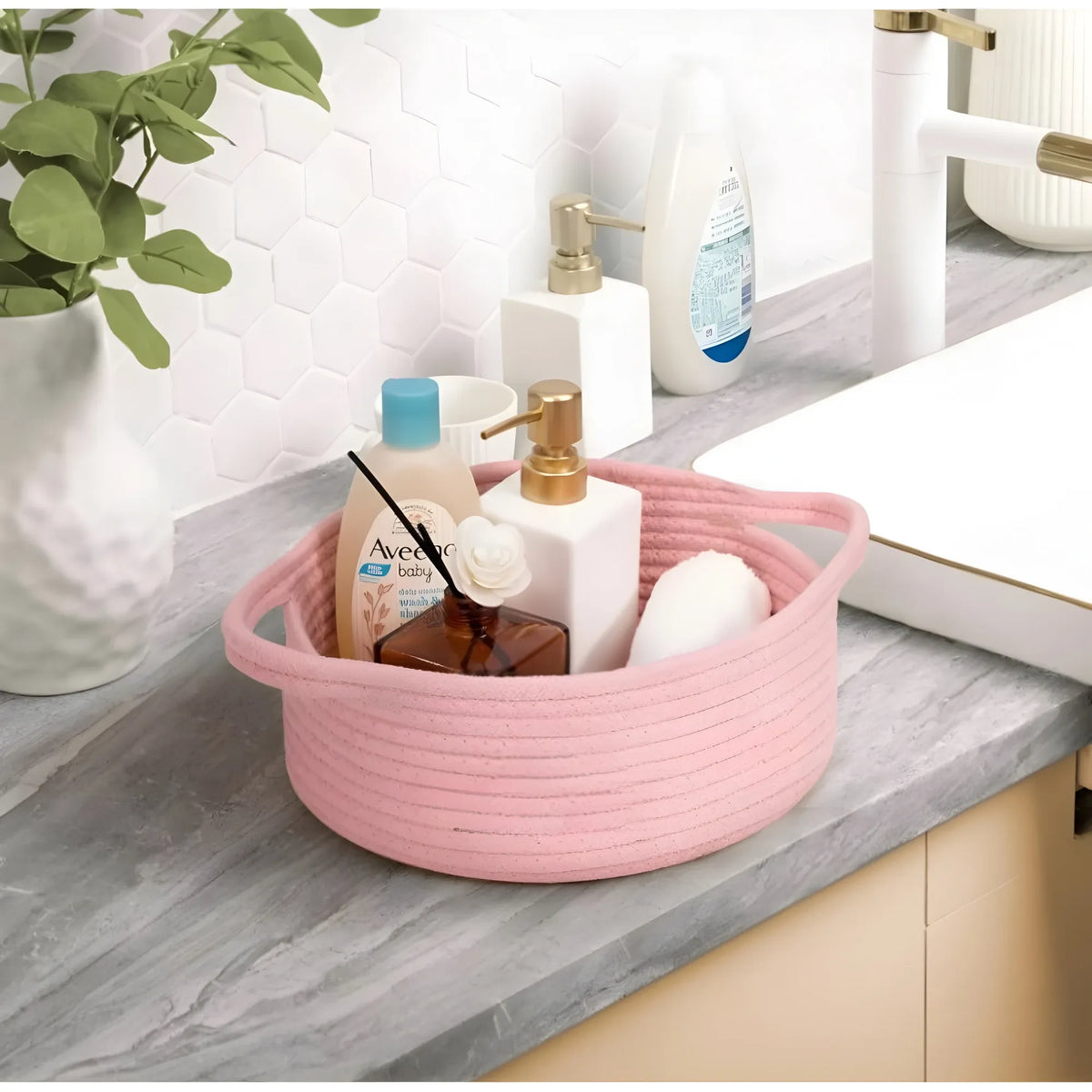 Cotton 8x3 Inch Round Bedside Organizer With Out Lid (Pink)