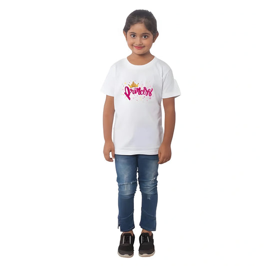 Girls Cotton Princess Half Sleeve TShirt (White)