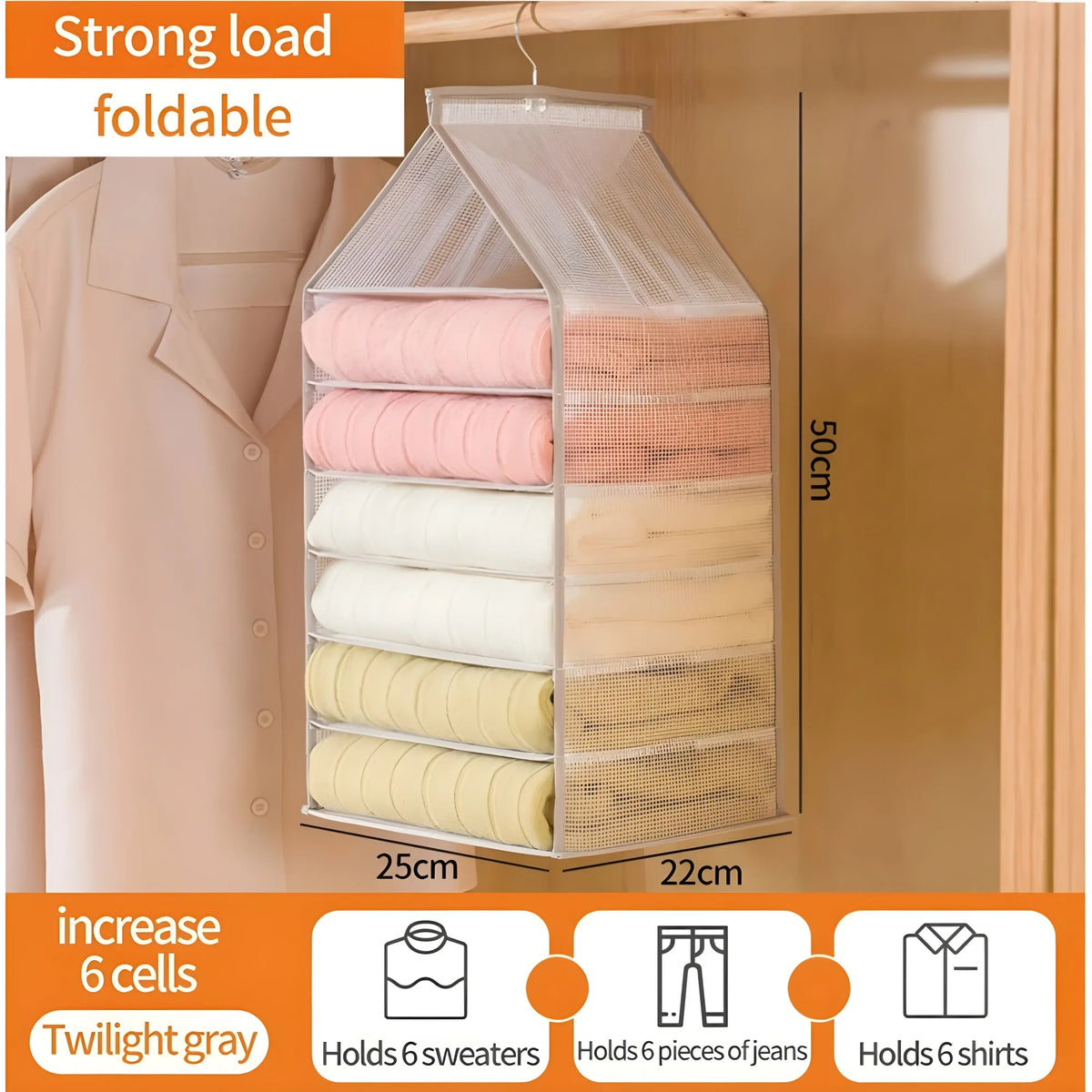 Hanging Foldable Fabric Closet Organizer with 6 Shelves