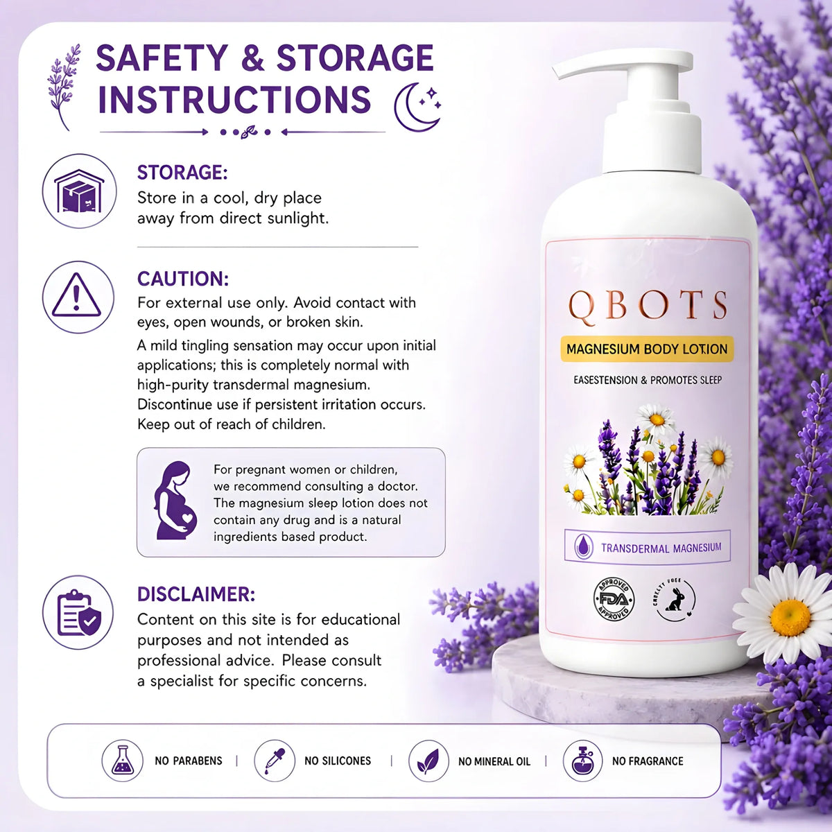 QBOTS Magnesium Body Lotion for Nightly Sleep Muscle Recovery with Lavender &amp; Chamomile | Transdermal Magnesium | Shea Butter &amp; Niacinamide | For Nightly Relaxation &amp; Skin Hydration | 250 ml