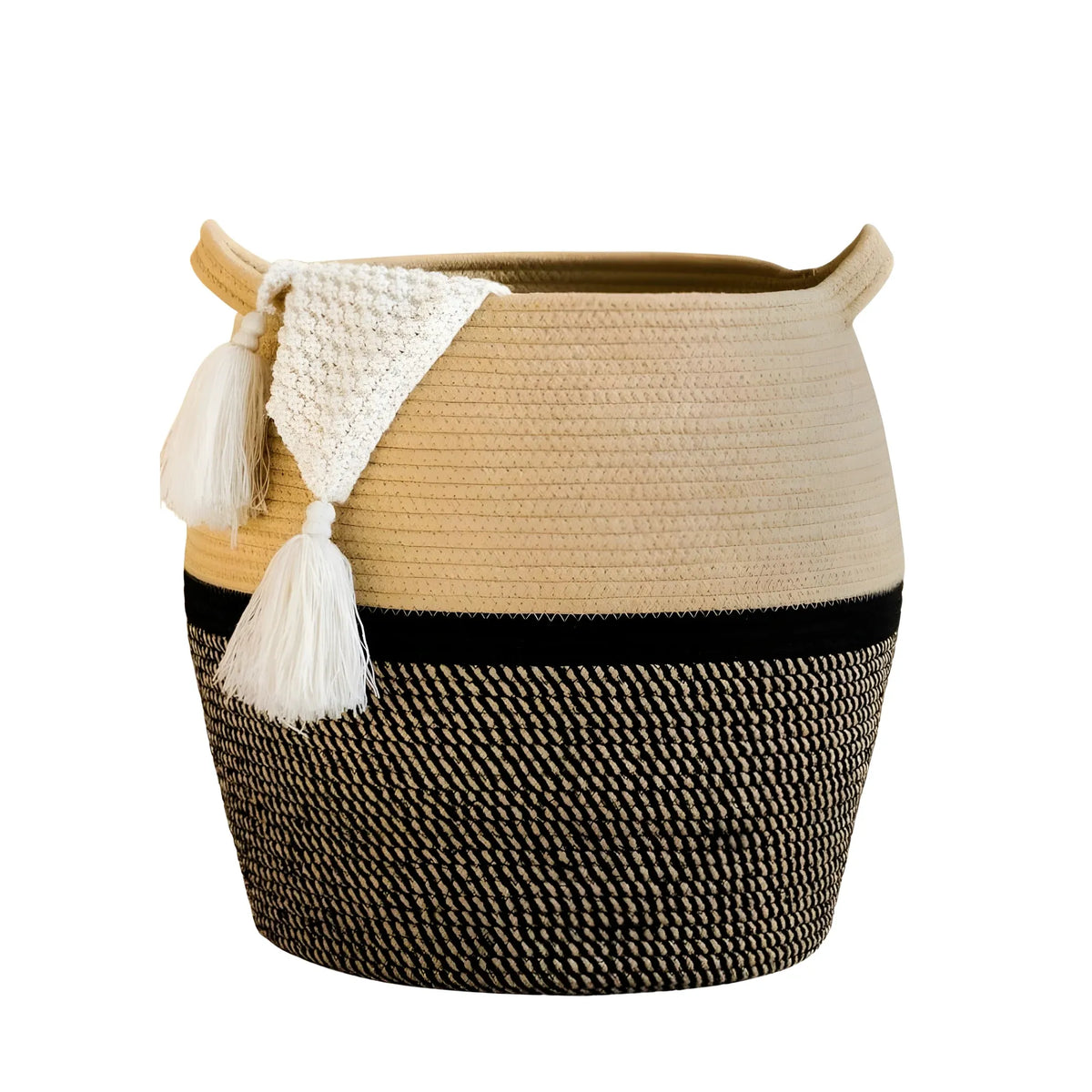 Cotton Matka 14x12 Inch Storage Basket For Clothes With Out Lid (Beige-Black)