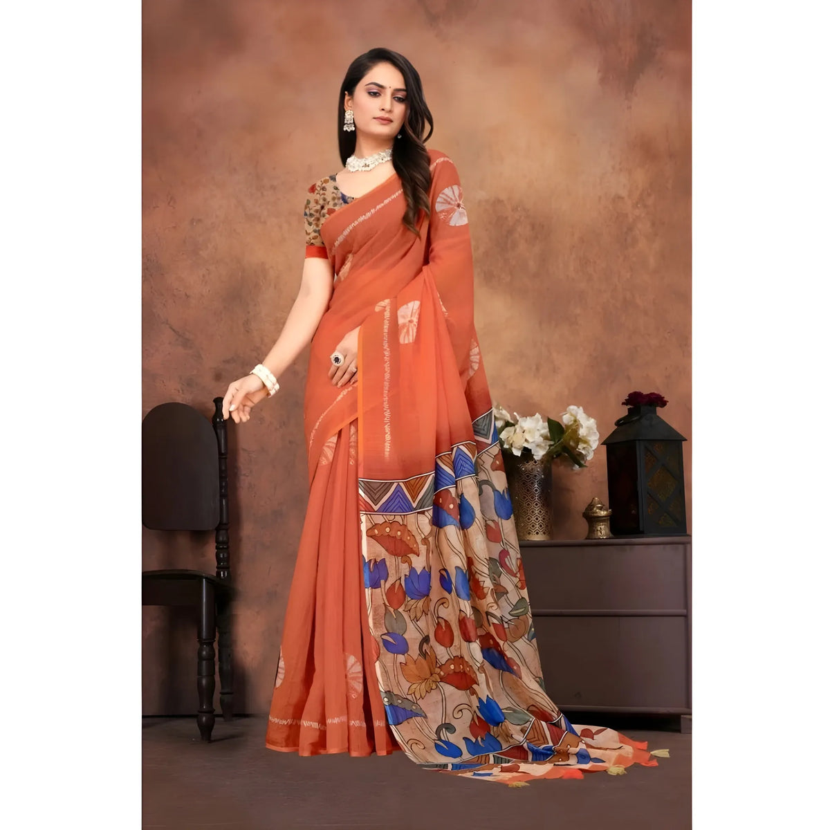 Women's Linen Printed Saree With Unstitched Blouse 5.5Mtr (Red)