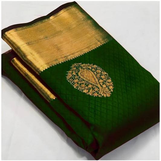 Women's Soft Lichi Silk Printed Saree With Unstitched Blouse 5.5Mtr (Green)