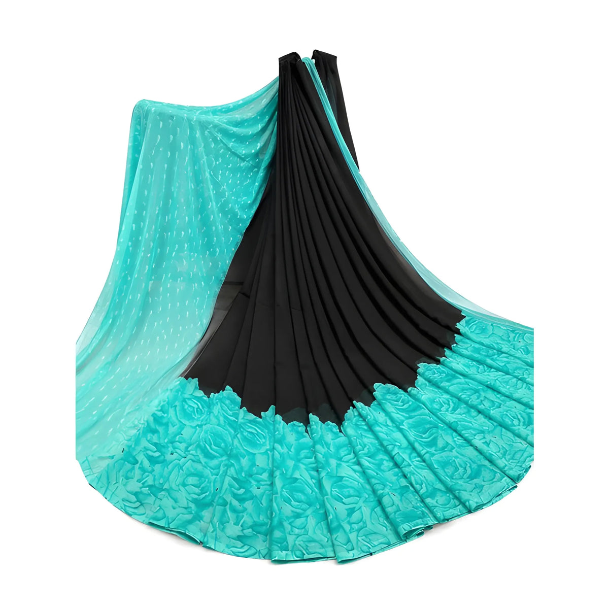 Women's Georgette Printed Saree With Unstitched Blouse 5.5Mtr (Black-Turquoise)