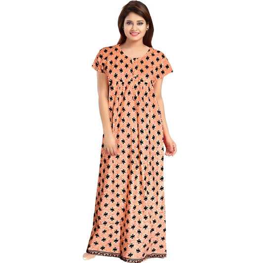Women's Cotton Printed Maxi Nighty (Peach)