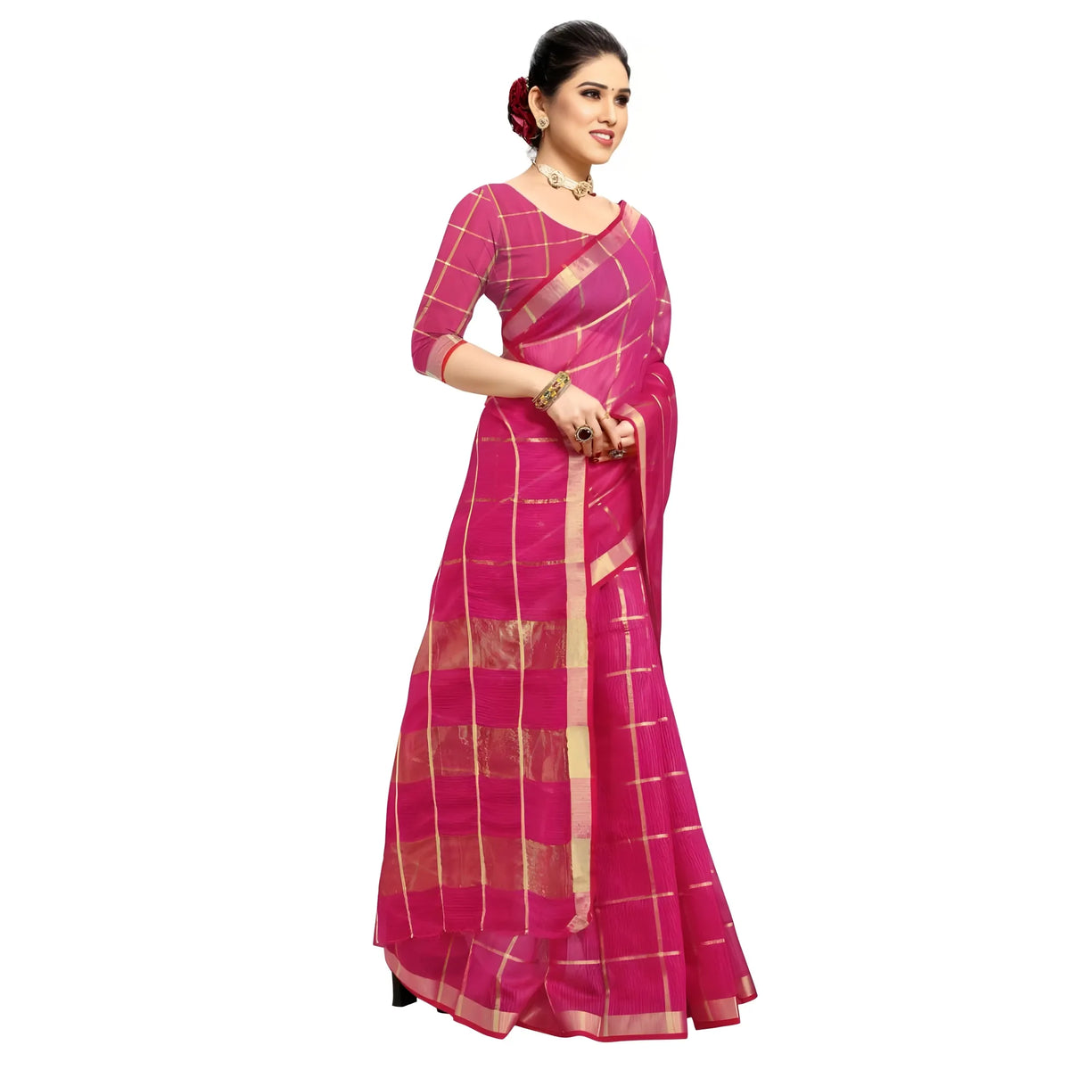 Women's Kota Doria Cotton Checked Saree With Blouse (Rani, 5-6 Mtrs)