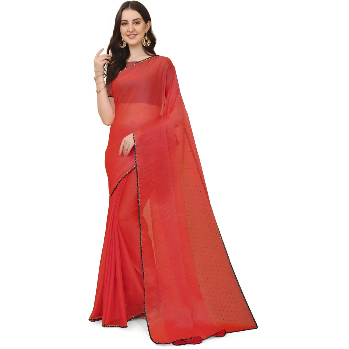 Women's Silk Blend Embellished Saree With Unstitched Blouse 5.5Mtr (Red)